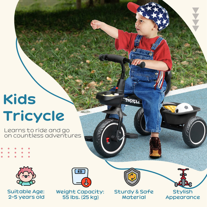Adjustable Kids Trike for 2-5 Years - Pedal Tricycle with Seat Adjustment and Storage Baskets, Black - Ideal First Bike for Toddlers