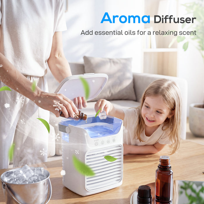 HOMCOM Air Cooler with Adjustable Head, Portable Air Conditioner with 3 Wind Speed, 2 Cool Mist, RGB Light, White