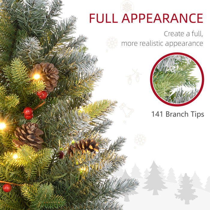 HOMCOM 2 Pieces 2ft Prelit Artificial Christmas Tree with LED Light and 141 Tips, Concrete Base, Tabletop Xmas Tree with Pine Cones and Red Berries, Green
