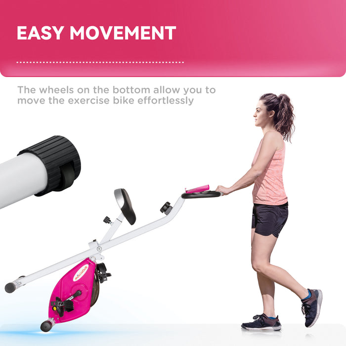 SPORTNOW Folding & Quiet Exercise Bike with 8-Level Magnetic Resistance and Heart-Rate Sensor for Home Gym, Pink and White