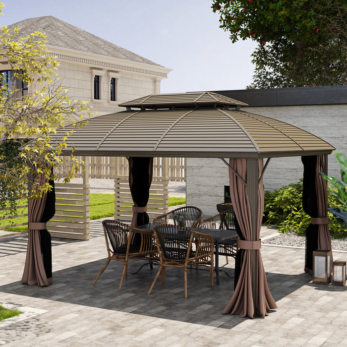 Outsunny 3.65 x 3(m) Hardtop Steel Gazebo Canopy with Aluminium Frame, Double Roof, Net Sidewalls and Curtains, Coffee