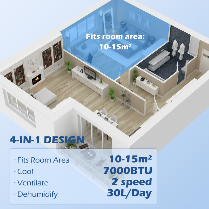 7000 BTU Portable AC Unit - WiFi-Enabled Smart Air Conditioning with Dehumidifier and Fan - Ideal for Rooms up to 15m² with 24-Hour Timer and Window Installation Kit