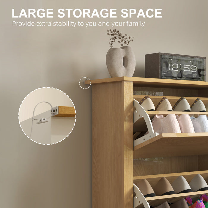 HOMCOM Slim Shoe Cabinet, Narrow Shoe Cupboard with 3 Drawers, Adjustable Shelves for 18 Pairs of Shoes, Natural Wood Finish
