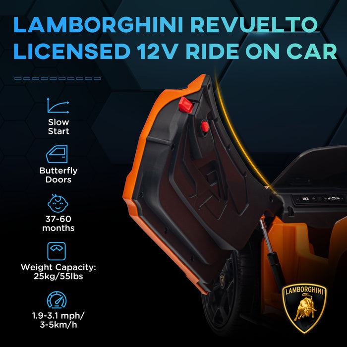 AIYAPLAY Lamborghini Revuelto Licensed 12V Ride on Car w/ Butterfly Doors Training Wheels, Suspension, Remote Control Orange | Aosom UK