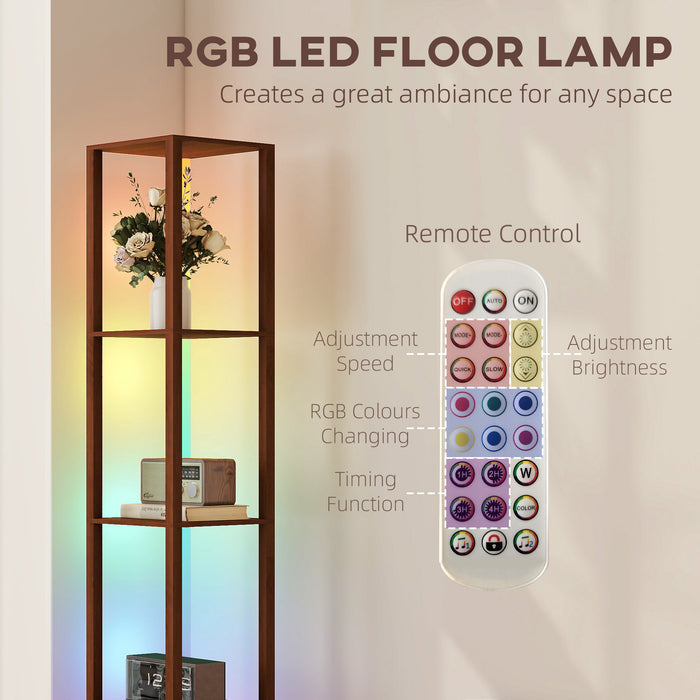 HOMCOM RGB LED Floor Lamp with Shelves, Modern Dimmable Standing Lamp with Remote Control, Adjustable Brightness & Speed for Living Room, Bedroom, Office, Brown