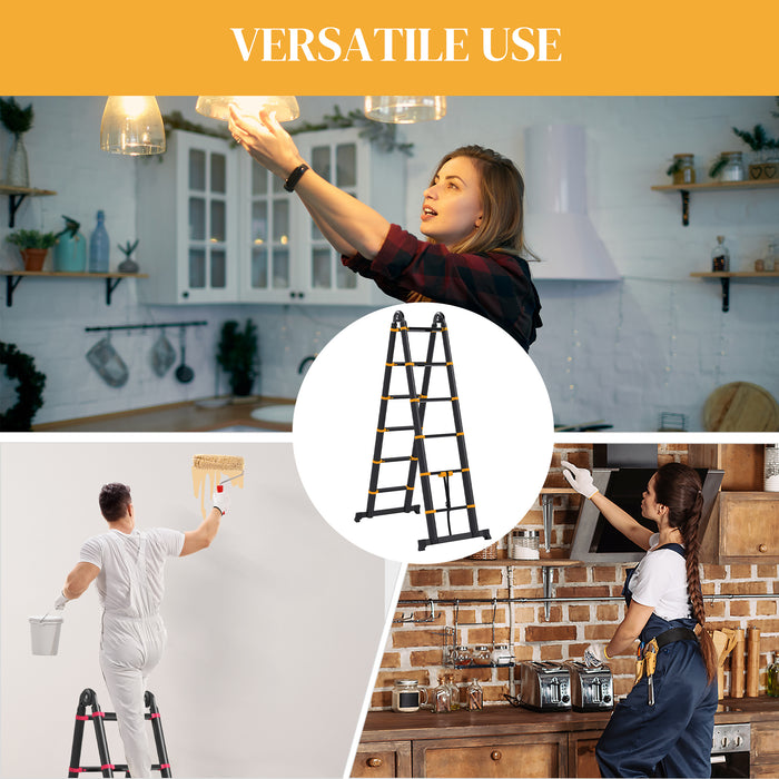 3.8M Duo Aluminium Ladder with Integrated Tool Holder - Herringbone Extendable Ladder, 12 Non-Slip Steps for Safety - Ideal for DIY Enthusiasts and Professional Use