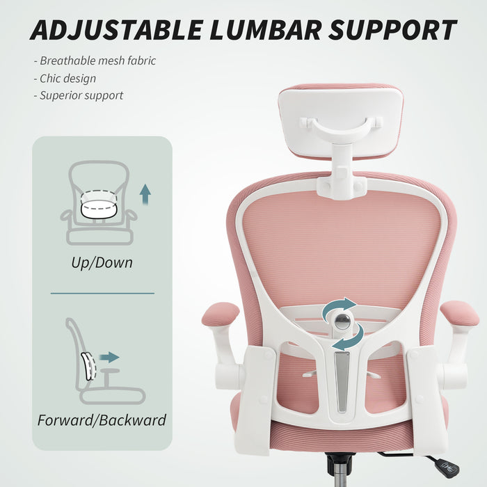 Vinsetto Multi-Adjustable Office Chair, with Lumbar Support, Headrest and Mesh Back - Pink