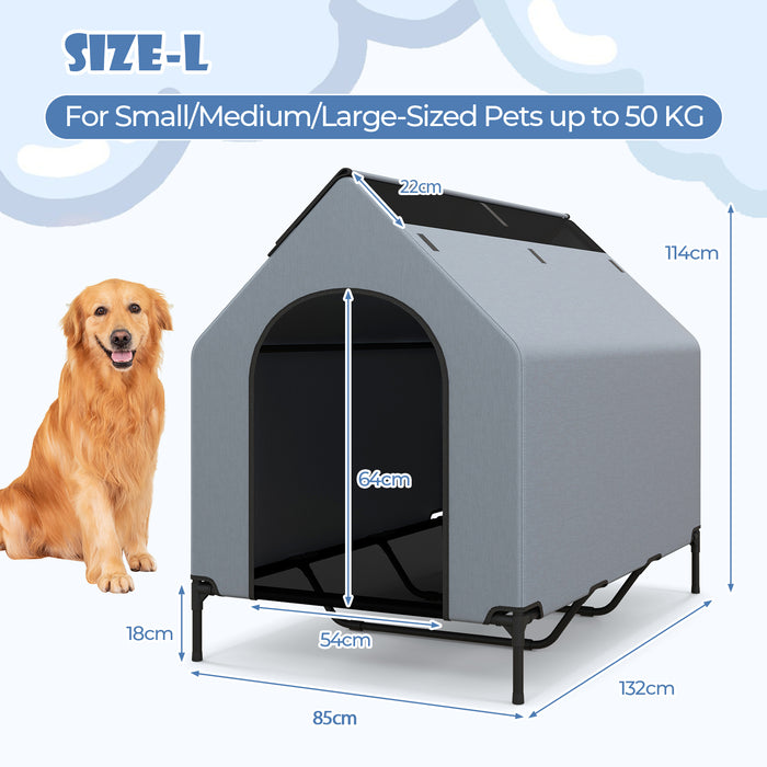 91/110/132cm Elevated Dog House Large Pet House with Ventilated Windows-