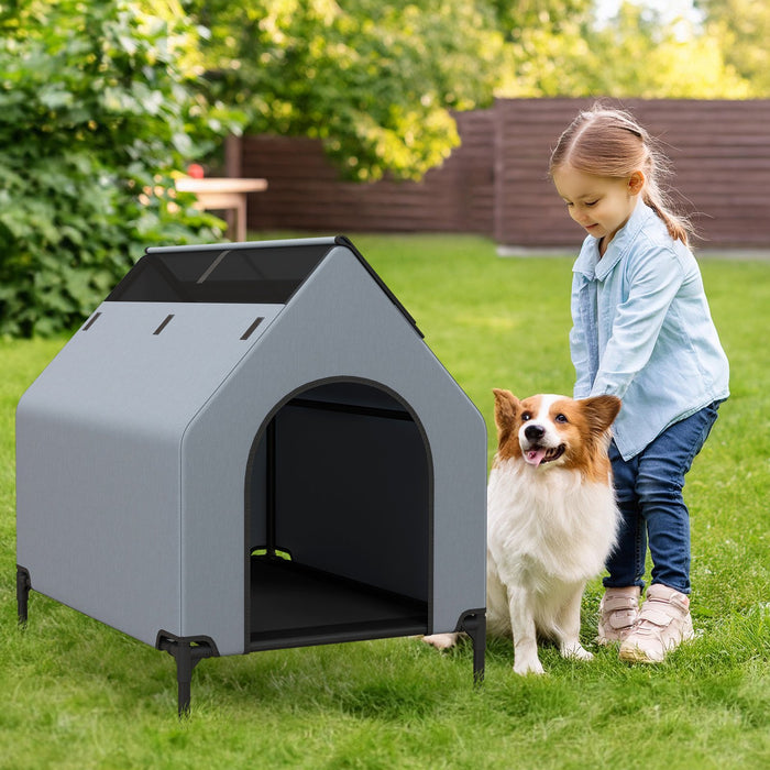 91/110/132cm Elevated Dog House Large Pet House with Ventilated Windows-
