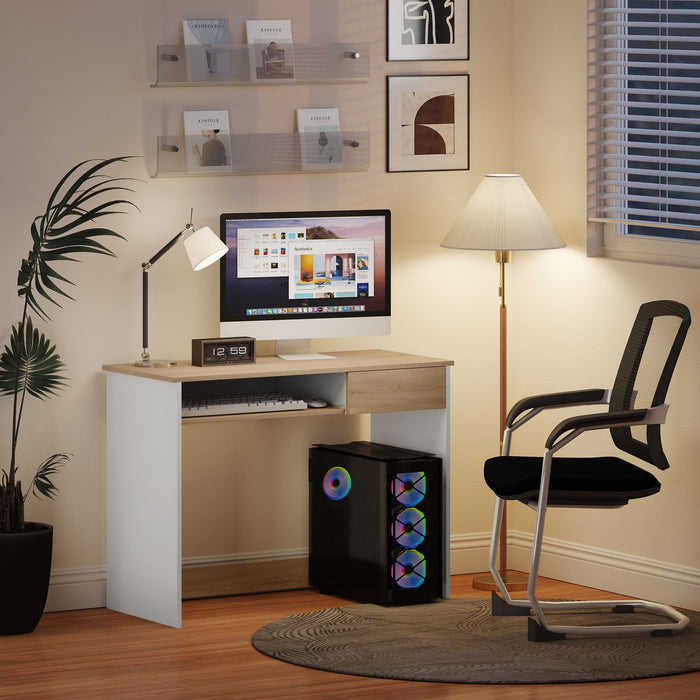 HOMCOM Compact Computer Desk with Keyboard Tray, Home Office Desk with Drawer for Bedroom Study, Oak