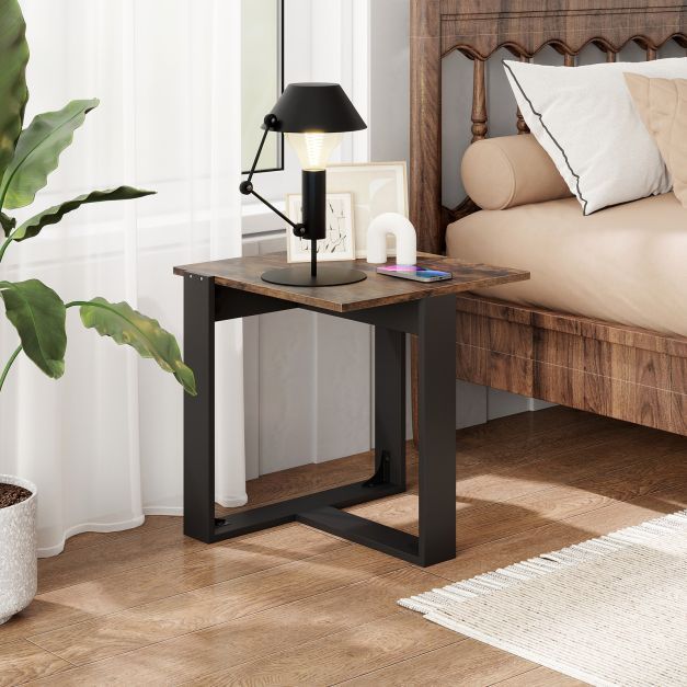 End Table Square Side Table with T-Shaped Metal Base Industrial Nightstand Set of 2-
