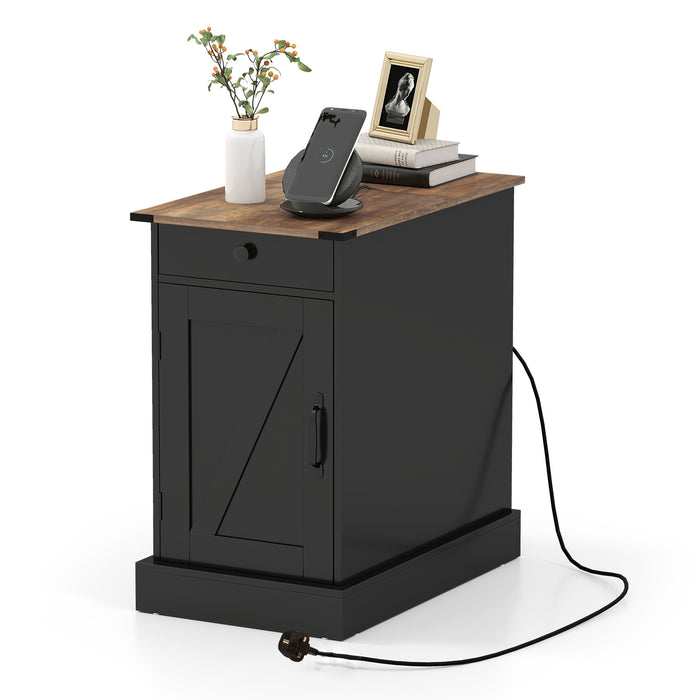 End Table with Charging Station Farmhouse Bedside Table with Storage Drawer-