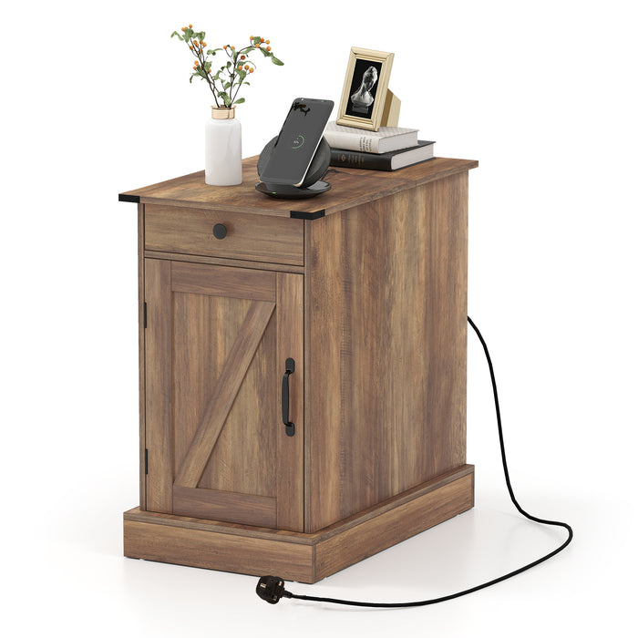 End Table with Charging Station Farmhouse Bedside Table with Storage Drawer-