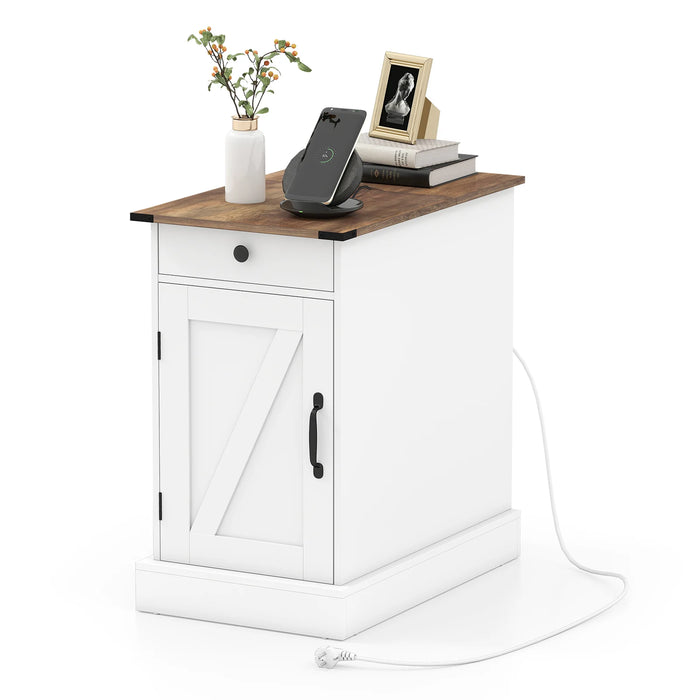End Table with Charging Station Farmhouse Bedside Table with Storage Drawer-