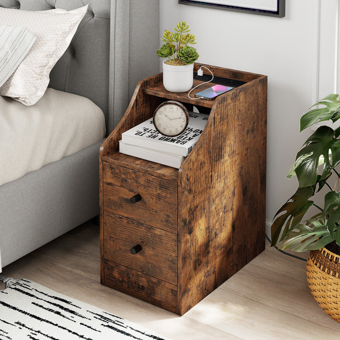 End Table with Charging Station & Storage Drawers for Small Space Living Room Bedroom-