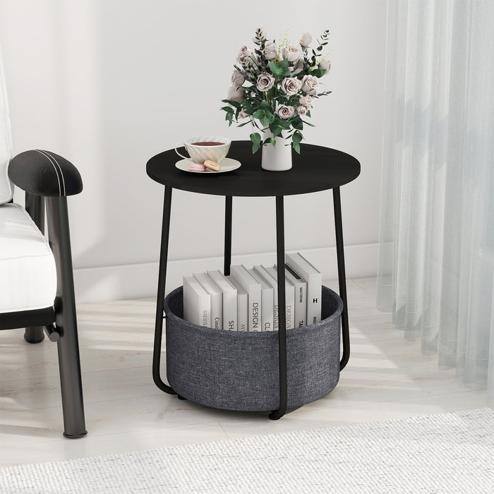 2-Tier End Table with Fabric Storage Basket and Metal Frame-White