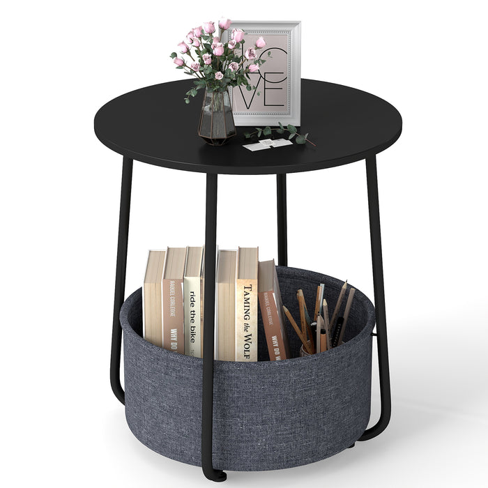 2-Tier End Table with Fabric Storage Basket and Metal Frame-White