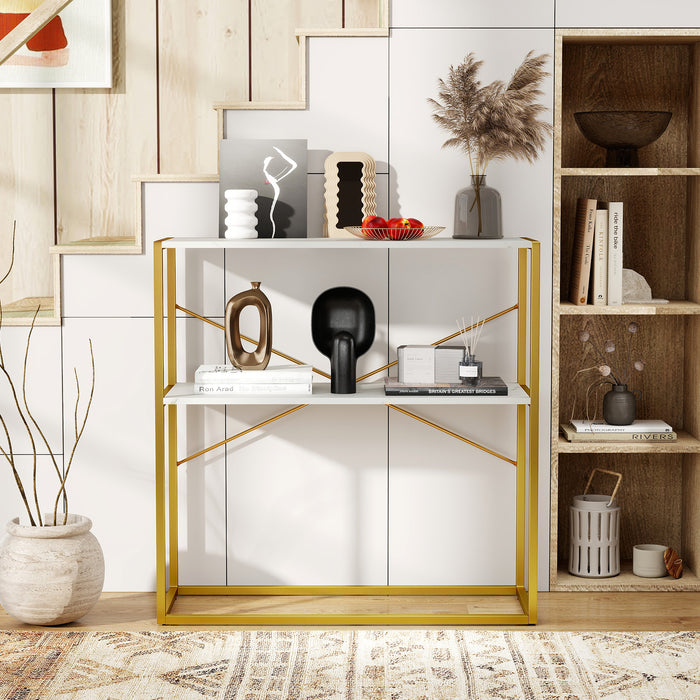 2-Tier Entryway Table with Marble Textured Open Shelves and Metal Frame-Rustic Brown