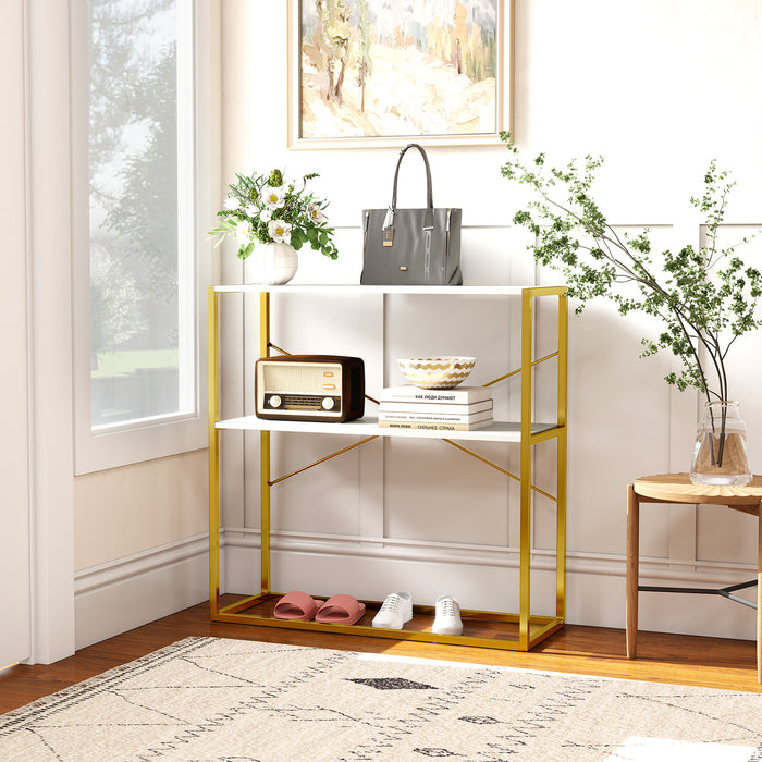 2-Tier Entryway Table with Marble Textured Open Shelves and Metal Frame-Rustic Brown