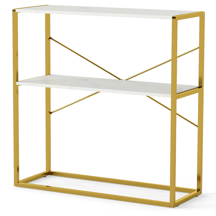 2-Tier Entryway Table with Marble Textured Open Shelves and Metal Frame-Rustic Brown
