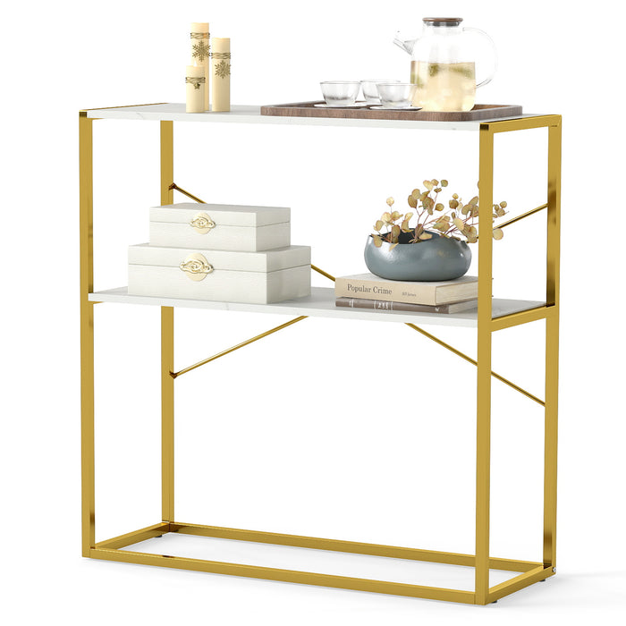 2-Tier Entryway Table with Marble Textured Open Shelves and Metal Frame-Rustic Brown