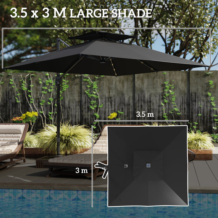 Outsunny 3.5x3 m Garden Cantilever Parasol with Solar LED Lights and Centre Light, Aluminium Large Square Patio Umbrella, UPF50+ Hanging Sun Shade with Cross Base, Crank Handle and Tilt, Black