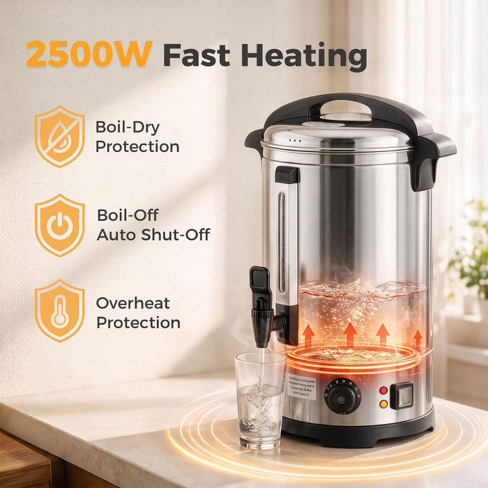 HOMCOM 13L Catering Urn, 2500W Stainless Steel Hot Water Boiler Dispenser with Thermostat, Keep Warm Function and Easy Pour Tap