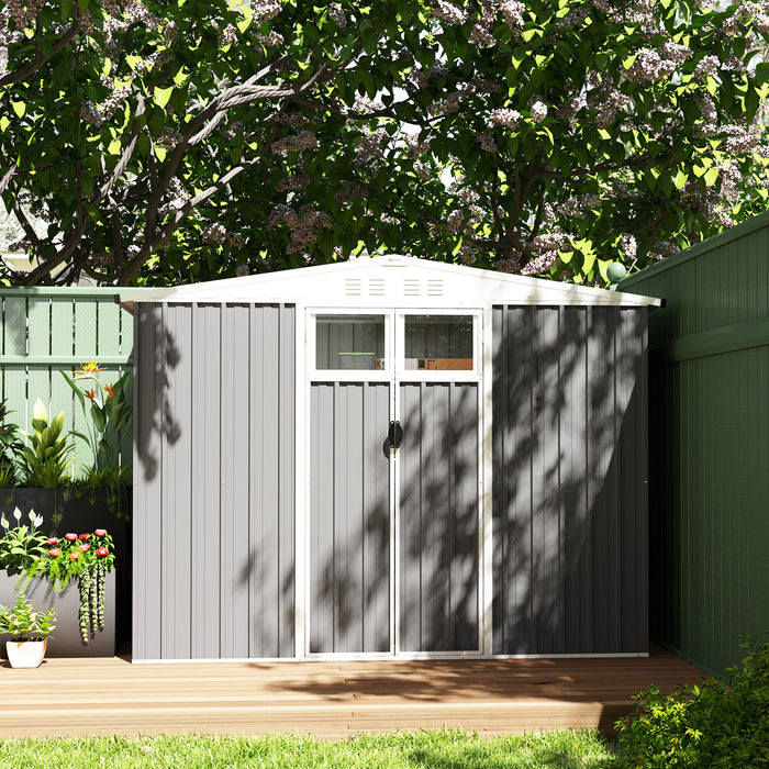 Outsunny 8 x 4 ft Metal Garden Shed, Garden Storage Shed with Window, 4 Vents and Lockable Door, Waterproof Galvanised Steel Tool Storage Shed, Light Grey