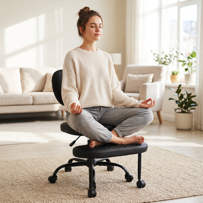 Ergonomic Cross Legged Office Chair with Wheels and Height-Adjustable Seat  360° Rotatable Footrest-