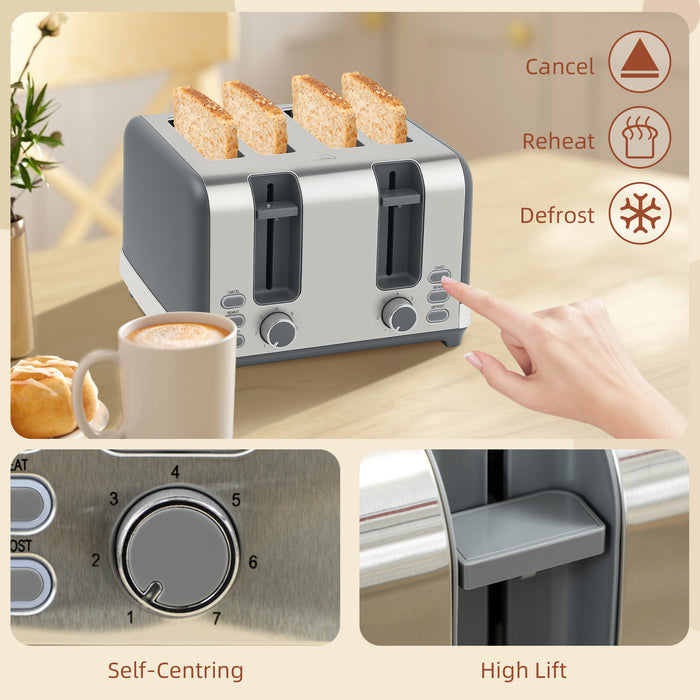 HOMCOM Stainless Steel Kettle and Toaster Set, 1.7L 3000W Rapid Boil Jug Kettle with UK Strix Thermostat, Limescale Filter, 4 Slice Toaster with 7 Browning Controls, Crumb Tray, Grey and Silver Tone