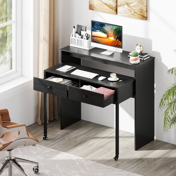 Extendable Computer Desk with 2 Storage Drawers Convertible Home Office Desk -