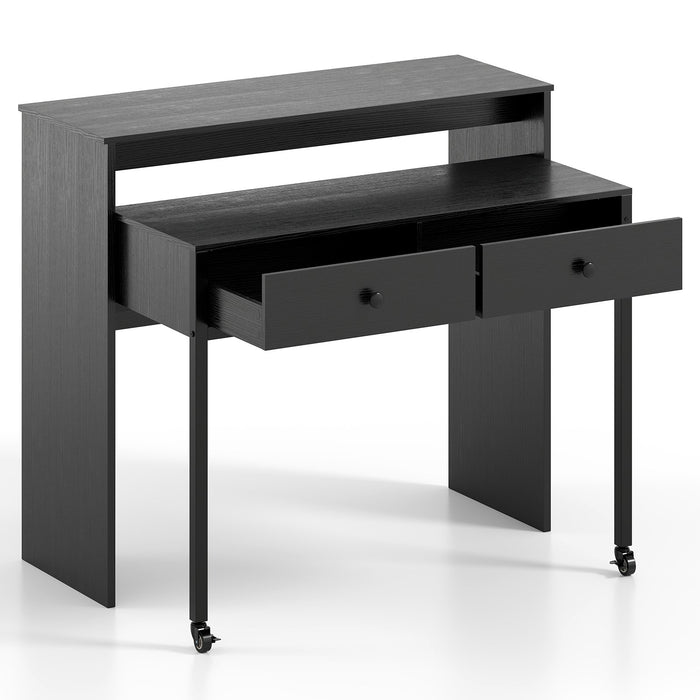 Extendable Computer Desk with 2 Storage Drawers Convertible Home Office Desk -