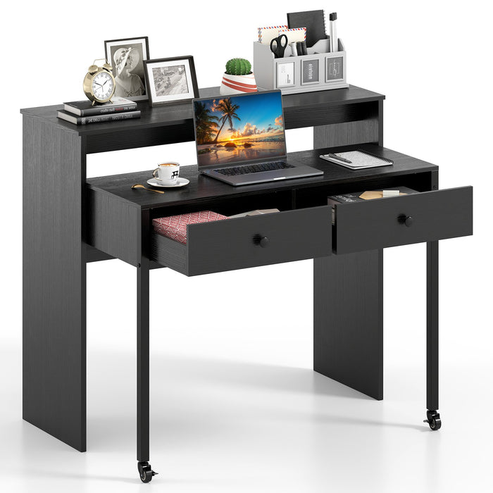 Extendable Computer Desk with 2 Storage Drawers Convertible Home Office Desk -