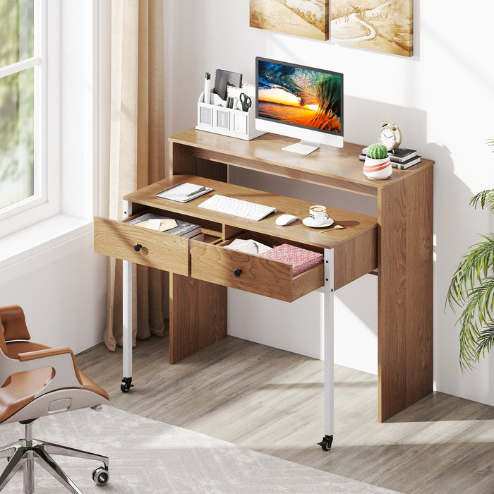 Extendable Computer Desk with 2 Storage Drawers Convertible Home Office Desk -