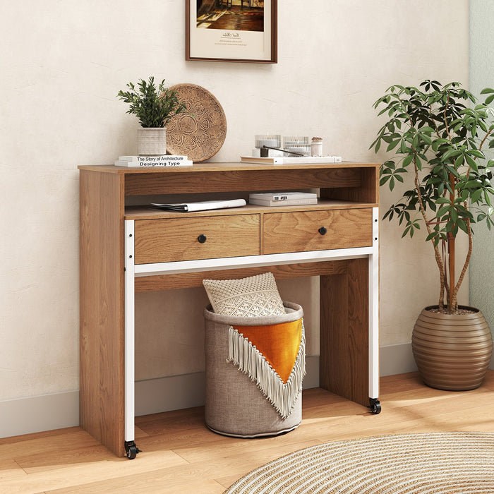 Extendable Computer Desk with 2 Storage Drawers Convertible Home Office Desk -