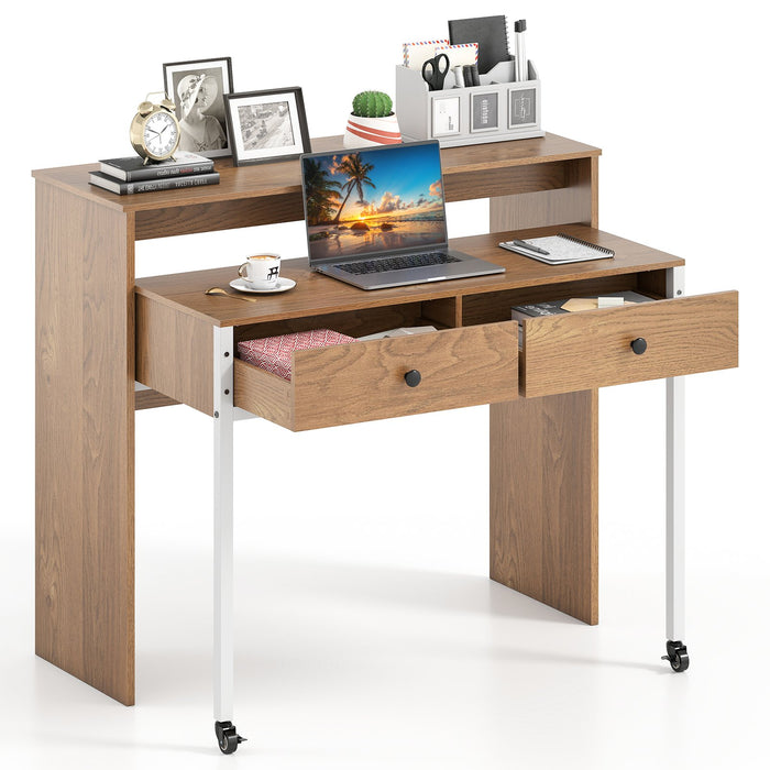 Extendable Computer Desk with 2 Storage Drawers Convertible Home Office Desk -