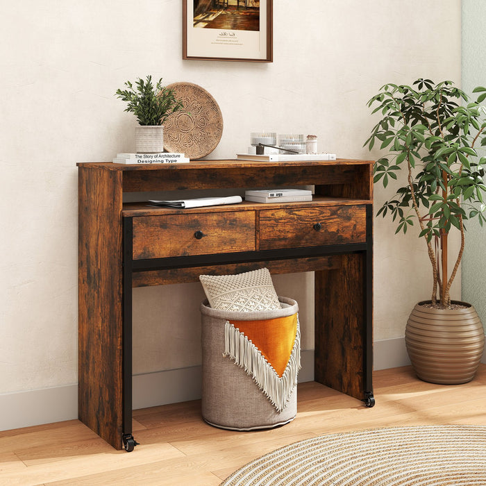 Extendable Computer Desk with 2 Storage Drawers Convertible Home Office Desk -