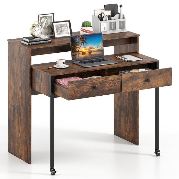 Extendable Computer Desk with 2 Storage Drawers Convertible Home Office Desk -