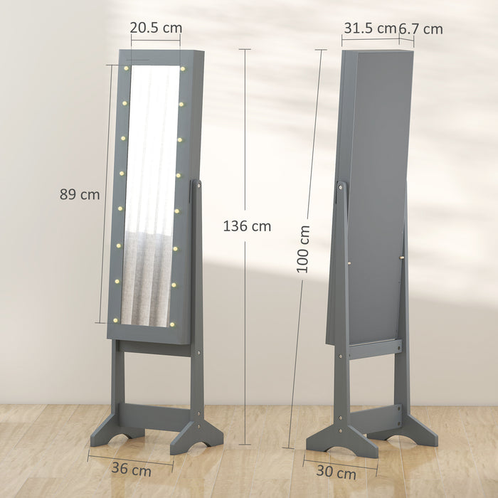 HOMCOM Free Standing Mirror Jewelry Cabinet with LED Lights, Jewellery Organiser with 3 Angle Adjustable, Full-Length Mirror with Storage for Earrings, Necklaces, Rings and Lipsticks, Grey