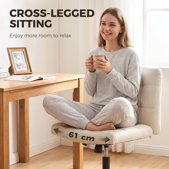HOMCOM Armless Office Chair, Cross Legged Linen Computer Desk Vanity Chair with Wide Seat, Rocking Function, Beige