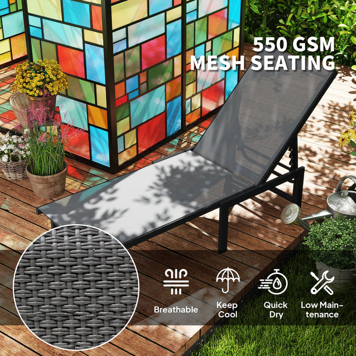 Outsunny Sun Lounger for Garden, 5-Level Adjustable Reclining Sun Lounger Chair, Flat Garden Lounger Sunbed with Texteline Seat, Steel Frame for Patio, Beach, Grey