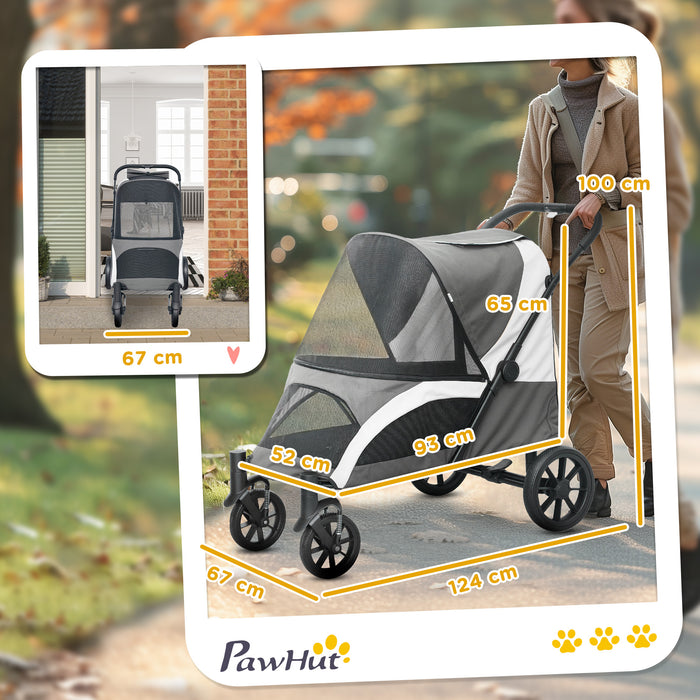 PawHut Easy Folding Pet Stroller for Large Dogs with 4 Big Wheels, Shock Absorb Frame, Safety Leashes, Brakes, Dark Grey