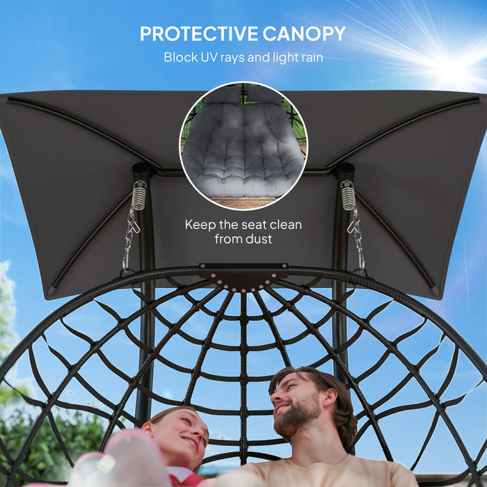 Outsunny Rattan Double Hanging Egg Chair with Canopy, Foldable Wicker Swing Egg Chair with Cushion, Head Pillows, Stand, Steel Frame, Hammock Chair for Indoor Outdoor, Capacity 260 kg, Black