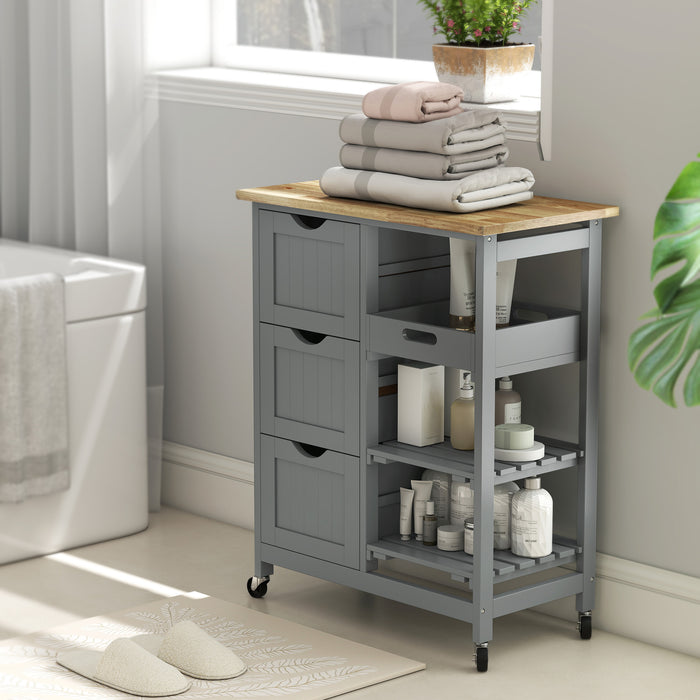 HOMCOM Rolling Kitchen Island Cart, Bar Serving Cart, Compact Trolley on Wheels with Wood Top, Shelves & Drawers, Grey