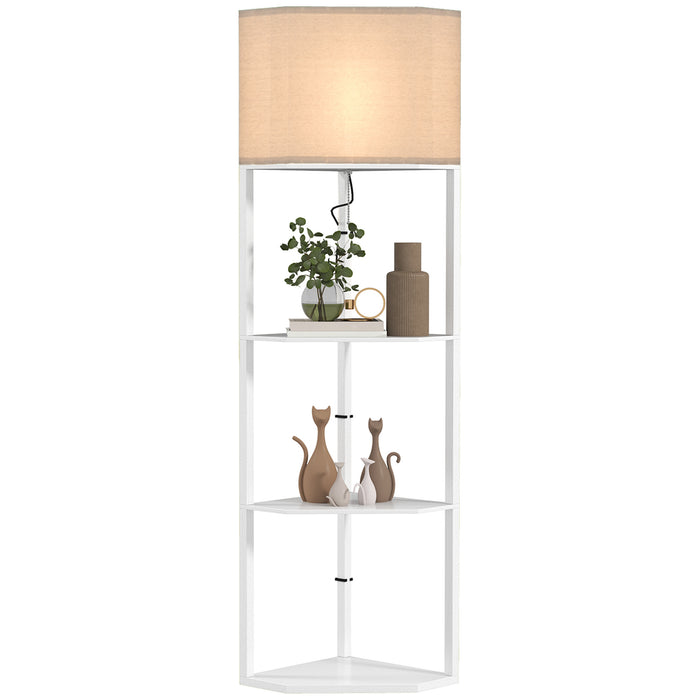 HOMCOM Corner Floor Lamp with Shelves, Tall Standing Lamps for Living Room, with Pull Chain Switch Bulb not Included, White
