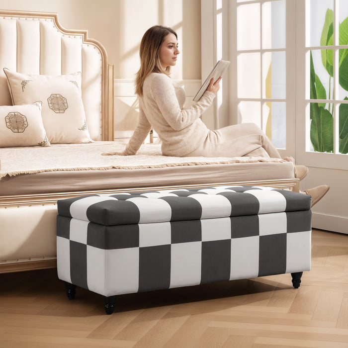 HOMCOM 114 x 47 x 47cm Velvet Storage Ottoman, Button-tufted Footstool Box, Toy Chest with Lid for Living Room, Bedroom, Dark Grey and White
