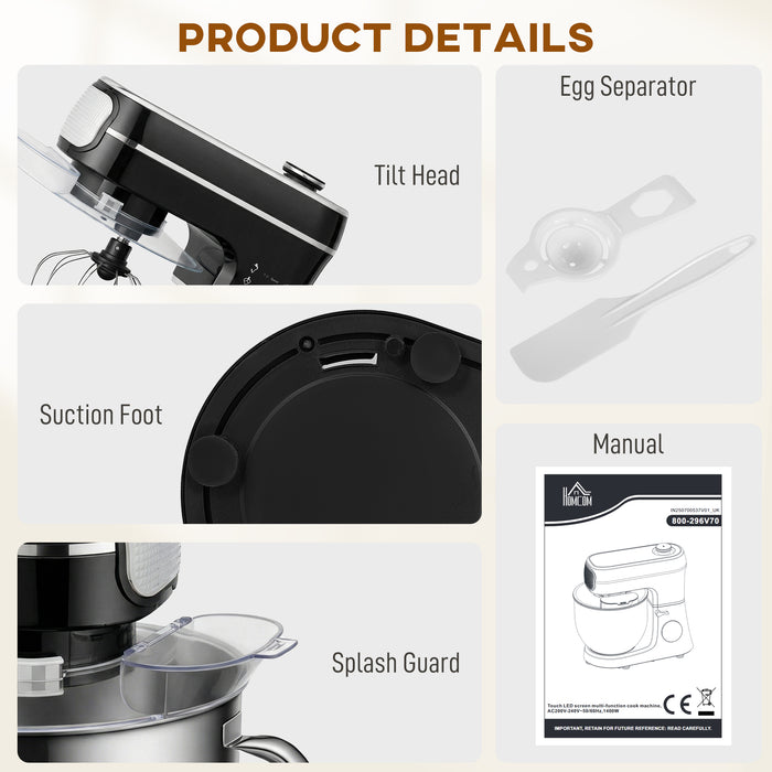 HOMCOM Stand Mixer, 6L 1400W Tilt-Head Food Mixer with 11 Speeds, Pulse & Fermentation Function, LED Display, Black