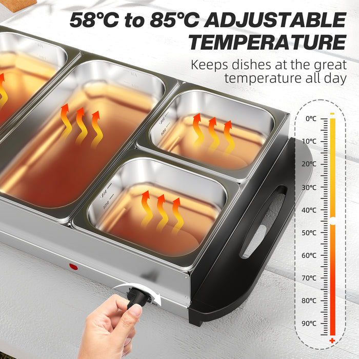 HOMCOM Electric Food Warmer 5 Tray, 9.2L Portable Buffet Server and Warming Tray with Lids, Adjustable Temperature Control and Cool Touch Handles, 450W, 3 x 2.4L and 2 x 1L, Silver Tone