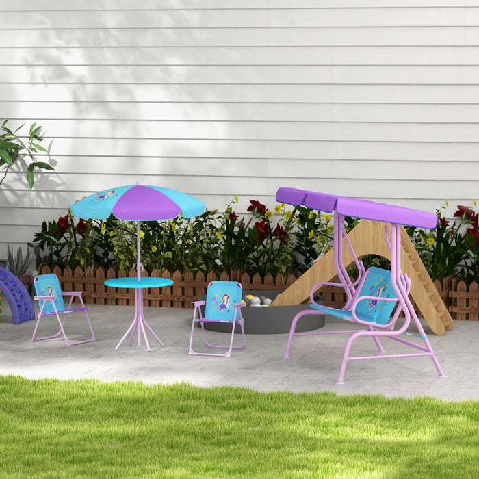 Kids Outdoor 4-Piece Fun Set - Swing with Adjustable Canopy & Table-Chair Combo with Parasol - Ideal for Girls Aged 3-6 Years