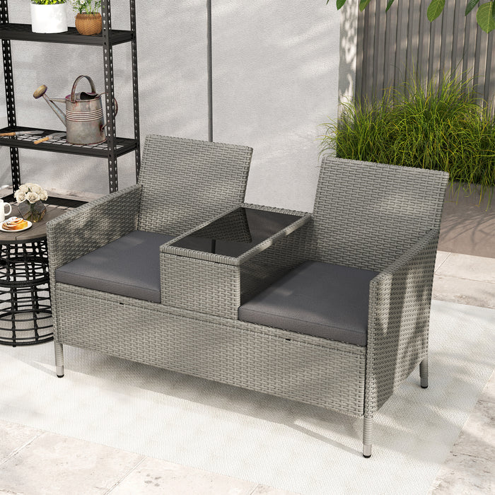 Outsunny 2-Seater PE Rattan Outdoor Garden Bench w/ Centre Table Grey